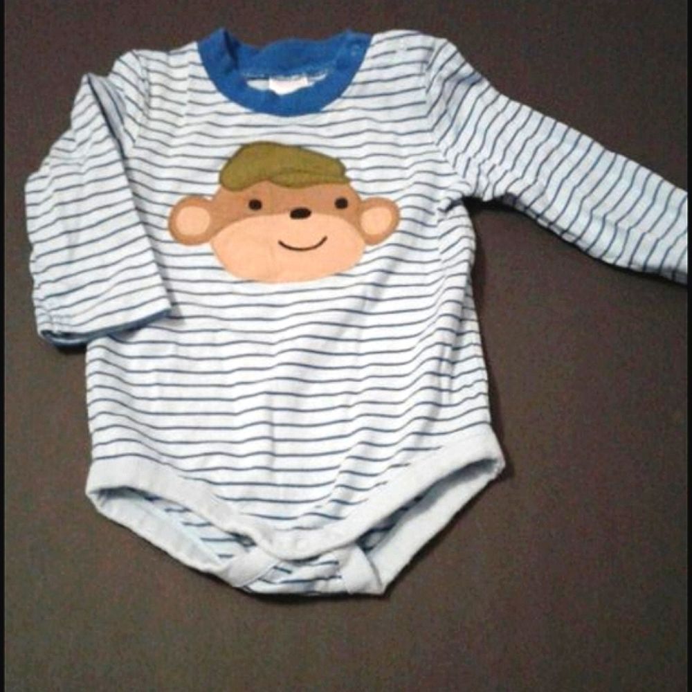 Gymboree Blue Striped Cute 3D Monkey Face 6-12 M Baby Boy Long Sleeve Onsie